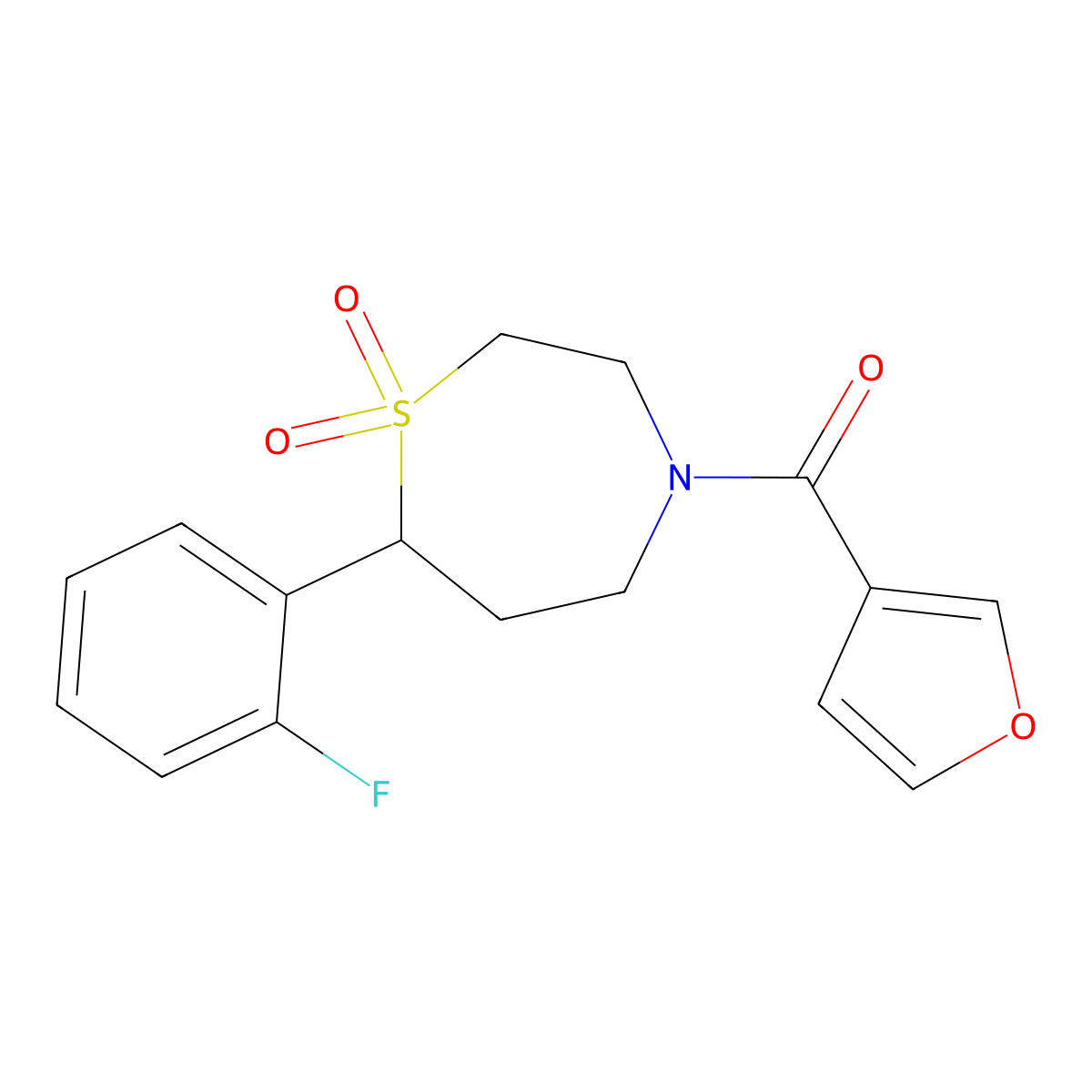(7-(2-Fluorophenyl)-1,1-dioxido-1,4-thiazepan-4-yl)(furan-3-yl)methanone molecular structure, CAS 2034336-66-6