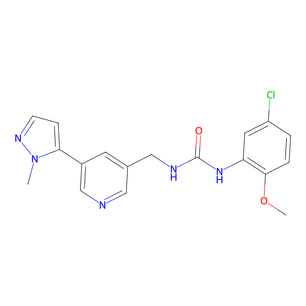 1-(5-chloro-2-methoxyphenyl)-3-((5-(1-methyl-1H-pyrazol-5-yl)pyridin-3-yl)methyl)urea molecular structure, CAS 2034336-74-6