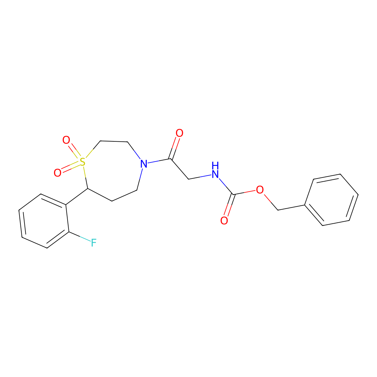 Benzyl (2-(7-(2-fluorophenyl)-1,1-dioxido-1,4-thiazepan-4-yl)-2-oxoethyl)carbamate molecular structure, CAS 2034336-76-8