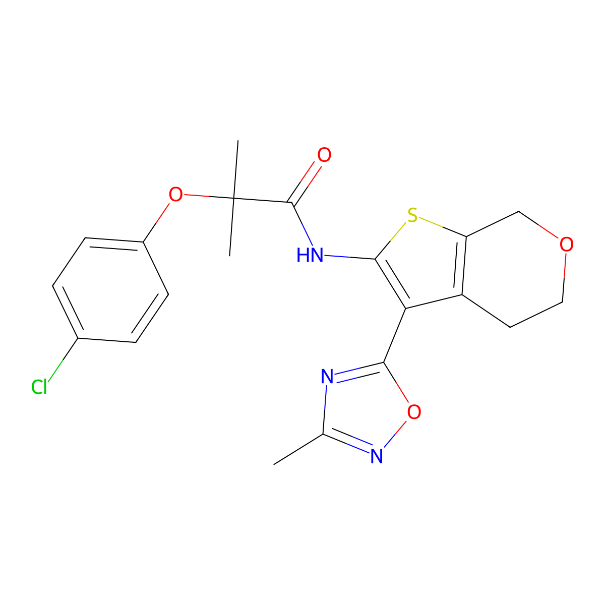 2-(4-chlorophenoxy)-2-methyl-N-(3-(3-methyl-1,2,4-oxadiazol-5-yl)-5,7-dihydro-4H-thieno[2,3-c]pyran-2-yl)propanamide molecular structure, CAS 2034336-77-9