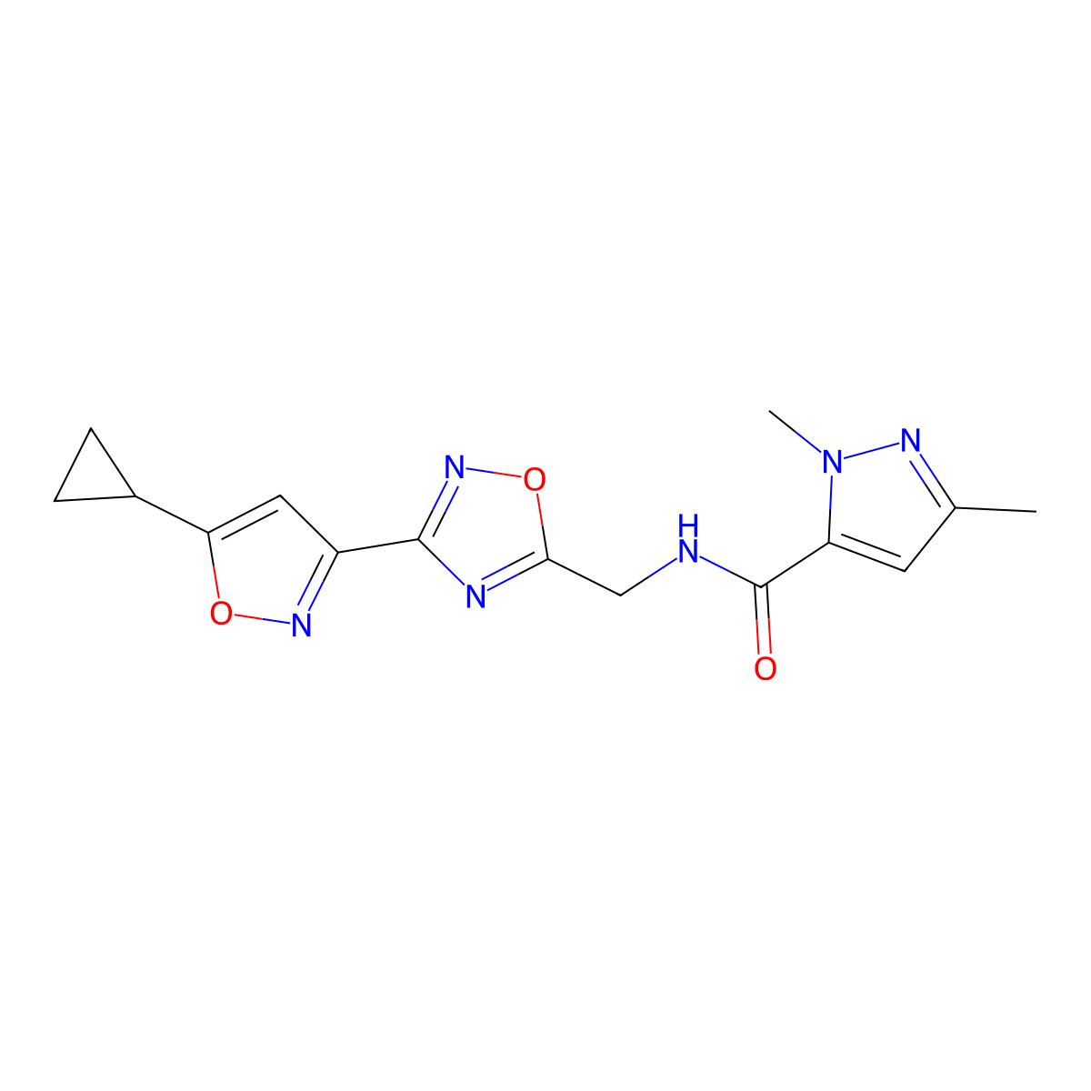 N-((3-(5-cyclopropylisoxazol-3-yl)-1,2,4-oxadiazol-5-yl)methyl)-1,3-dimethyl-1H-pyrazole-5-carboxamide molecular structure, CAS 2034336-78-0