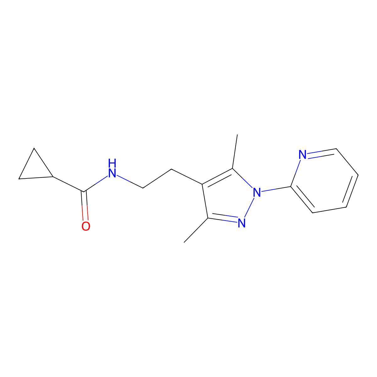 N-(2-(3,5-dimethyl-1-(pyridin-2-yl)-1H-pyrazol-4-yl)ethyl)cyclopropanecarboxamide molecular structure, CAS 2034336-82-6
