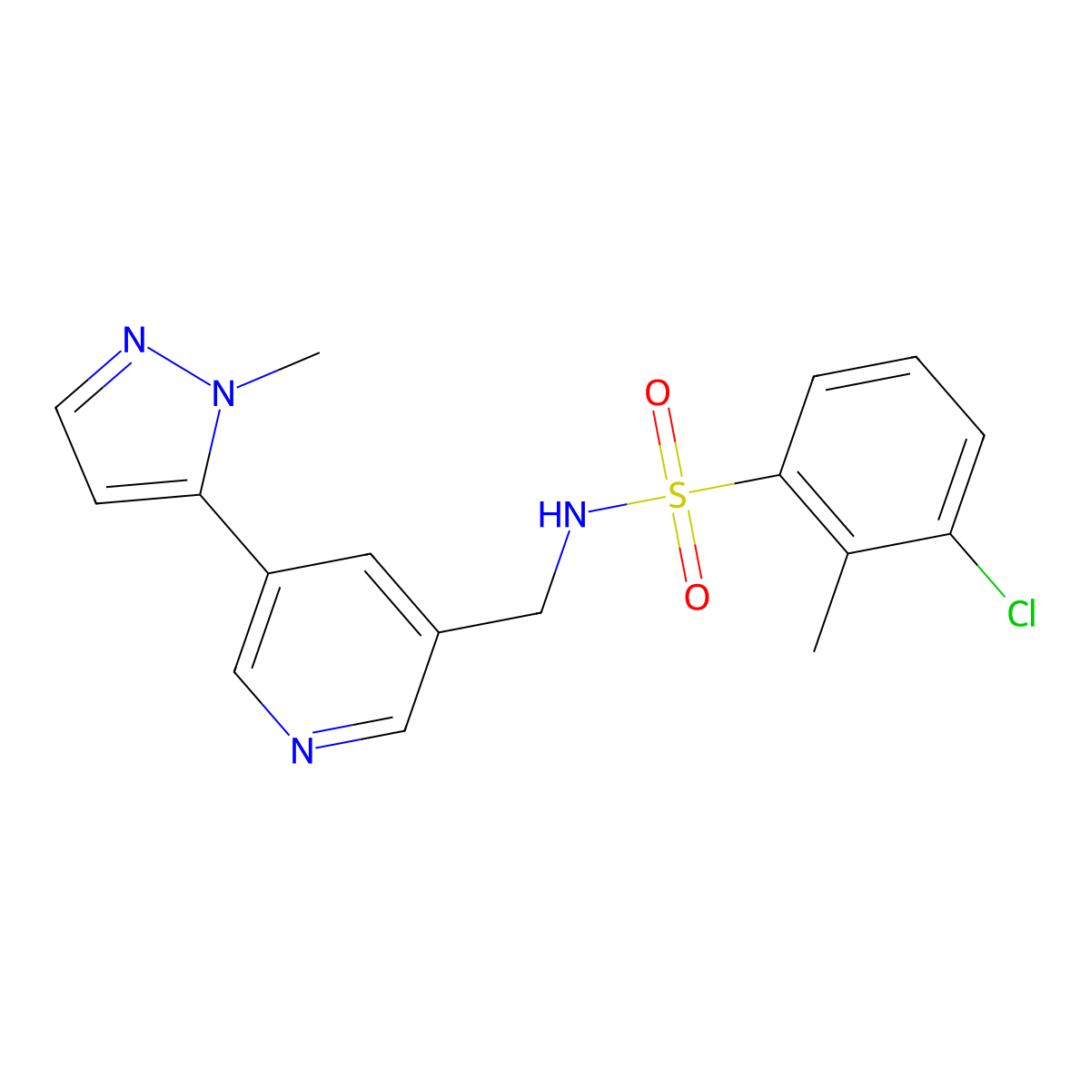 3-chloro-2-methyl-N-((5-(1-methyl-1H-pyrazol-5-yl)pyridin-3-yl)methyl)benzenesulfonamide molecular structure, CAS 2034336-84-8
