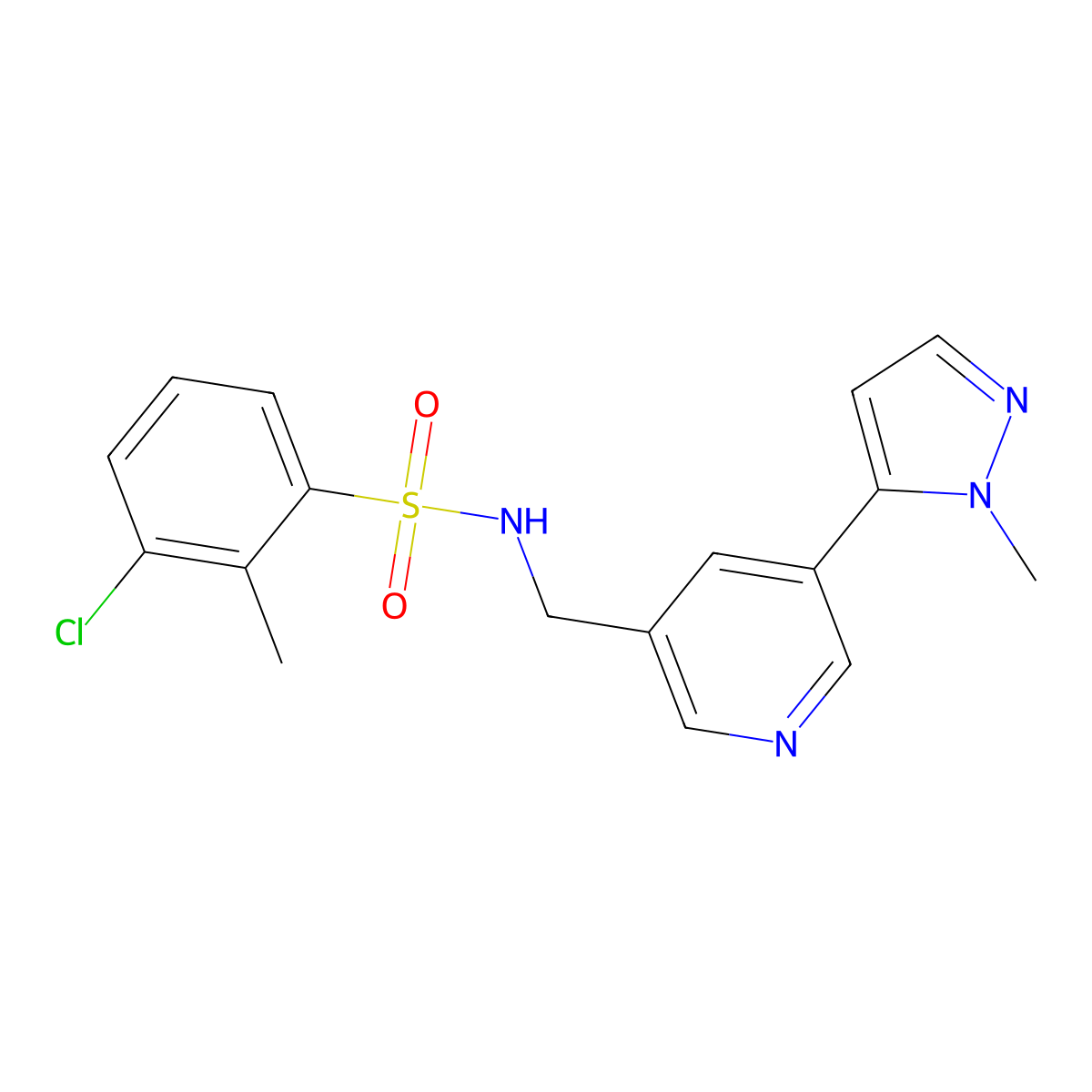 3-chloro-2-methyl-N-((5-(1-methyl-1H-pyrazol-5-yl)pyridin-3-yl)methyl)benzenesulfonamide molecular structure, CAS 2034336-84-8