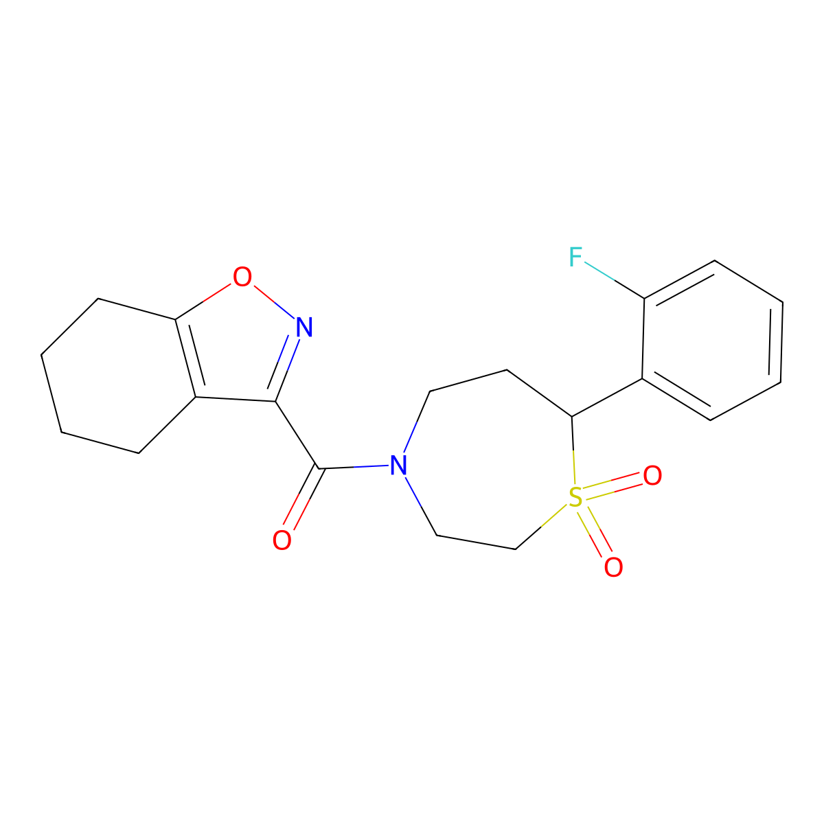 (7-(2-Fluorophenyl)-1,1-dioxido-1,4-thiazepan-4-yl)(4,5,6,7-tetrahydrobenzo[d]isoxazol-3-yl)methanone molecular structure, CAS 2034336-86-0