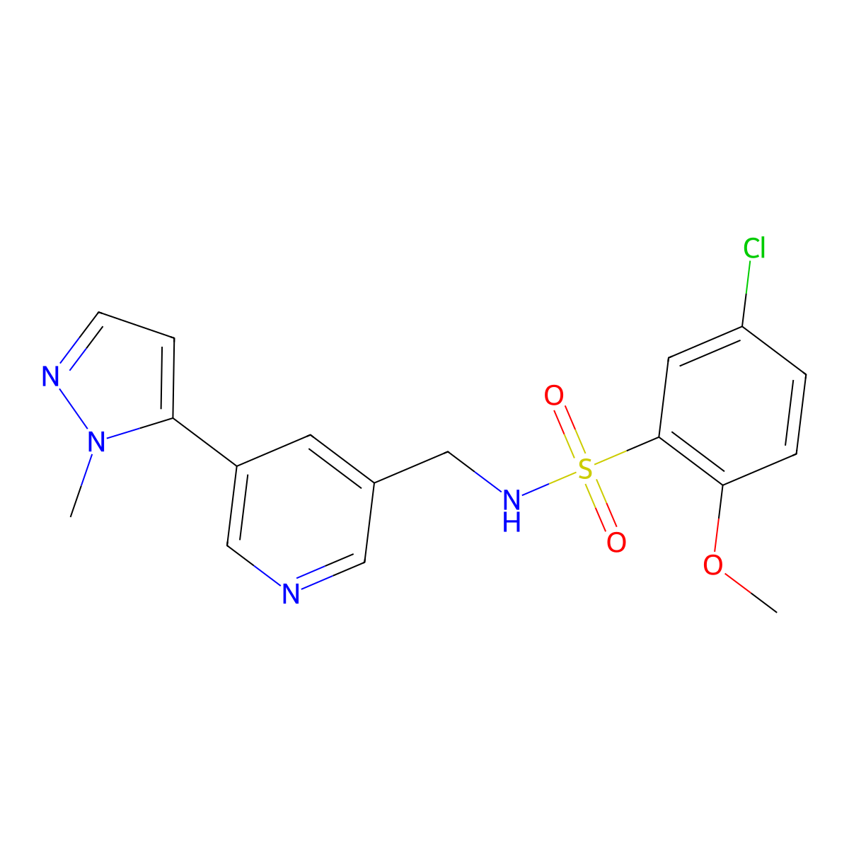 5-chloro-2-methoxy-N-((5-(1-methyl-1H-pyrazol-5-yl)pyridin-3-yl)methyl)benzenesulfonamide molecular structure, CAS 2034336-94-0