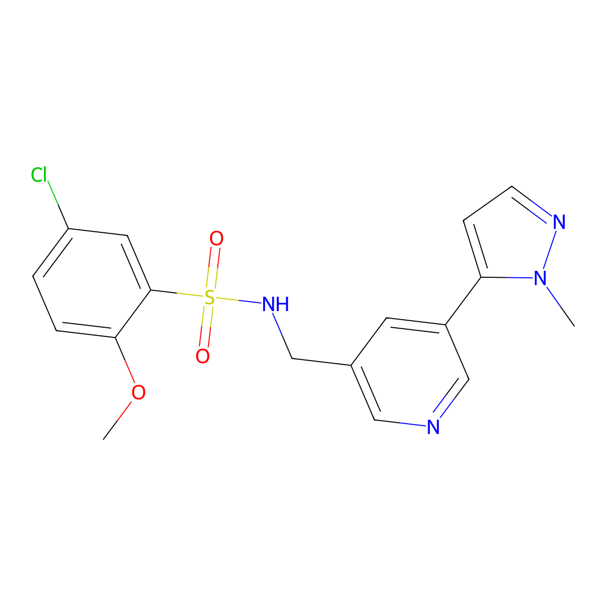 5-chloro-2-methoxy-N-((5-(1-methyl-1H-pyrazol-5-yl)pyridin-3-yl)methyl)benzenesulfonamide molecular structure, CAS 2034336-94-0