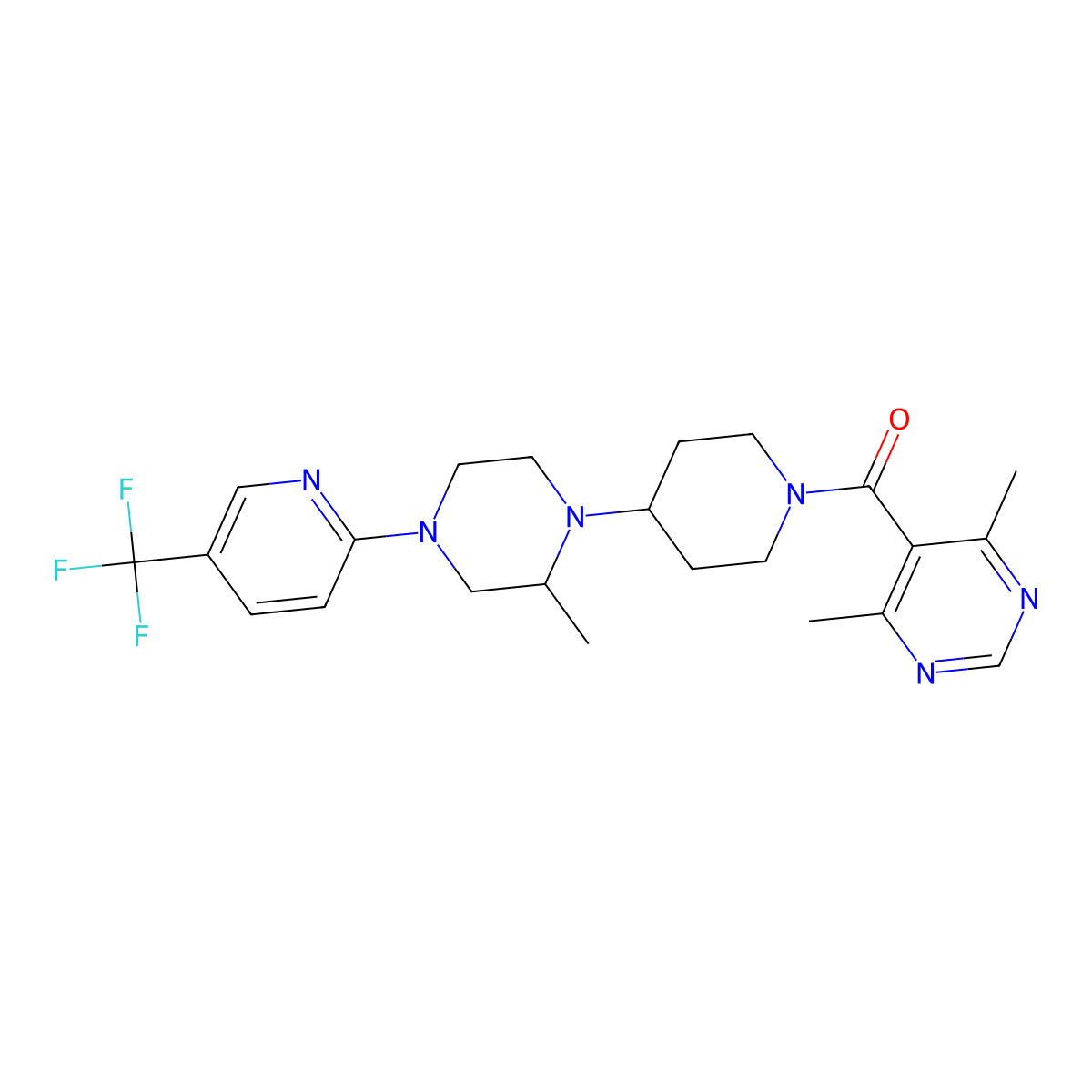 (4,6-Dimethylpyrimidin-5-yl)(4-(2-methyl-4-(5-(trifluoromethyl)pyridin-2-yl)piperazin-1-yl)piperidin-1-yl)methanone molecular structure, CAS 2034336-98-4