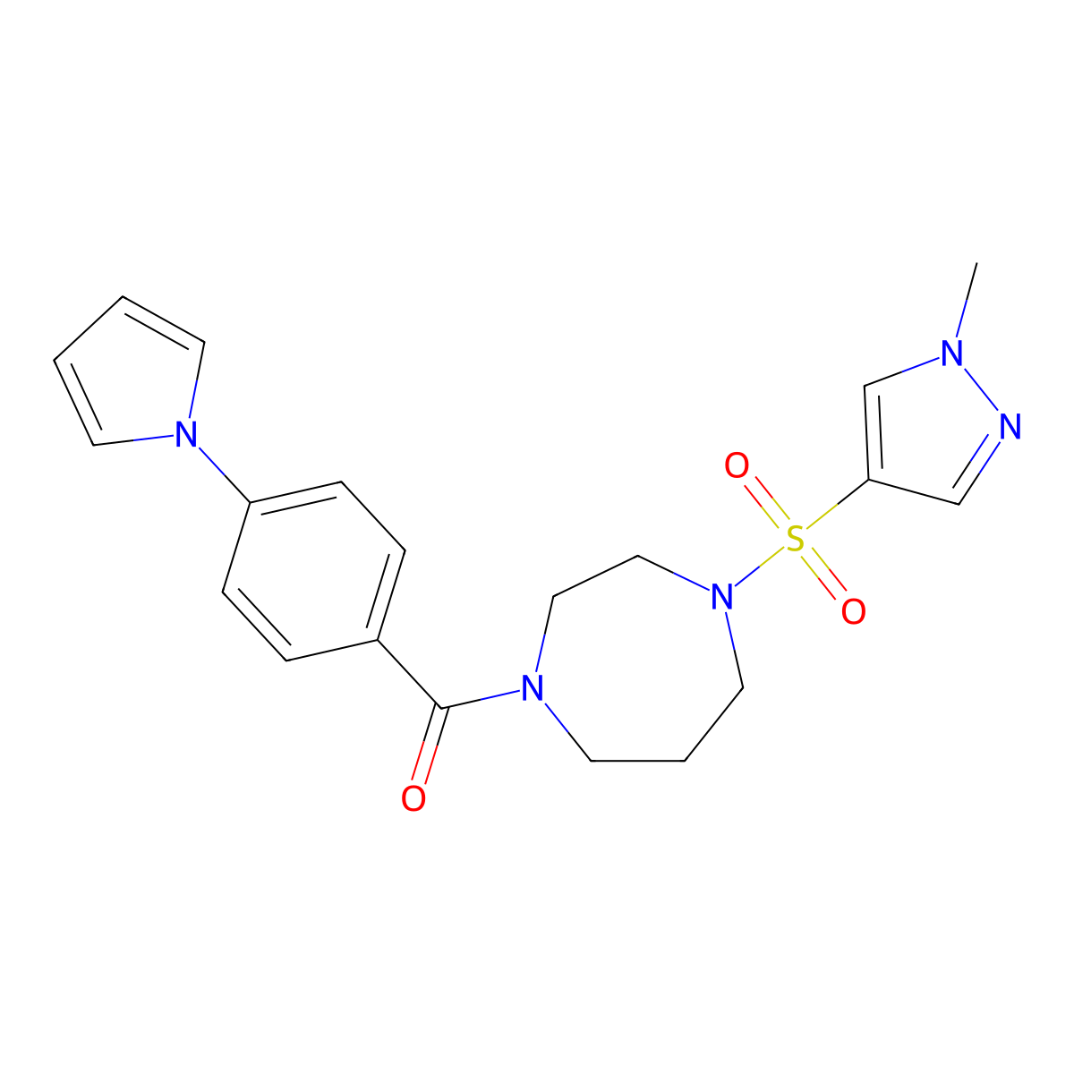 (4-(1H-pyrrol-1-yl)phenyl)(4-((1-methyl-1H-pyrazol-4-yl)sulfonyl)-1,4-diazepan-1-yl)methanone molecular structure, CAS 2034336-99-5