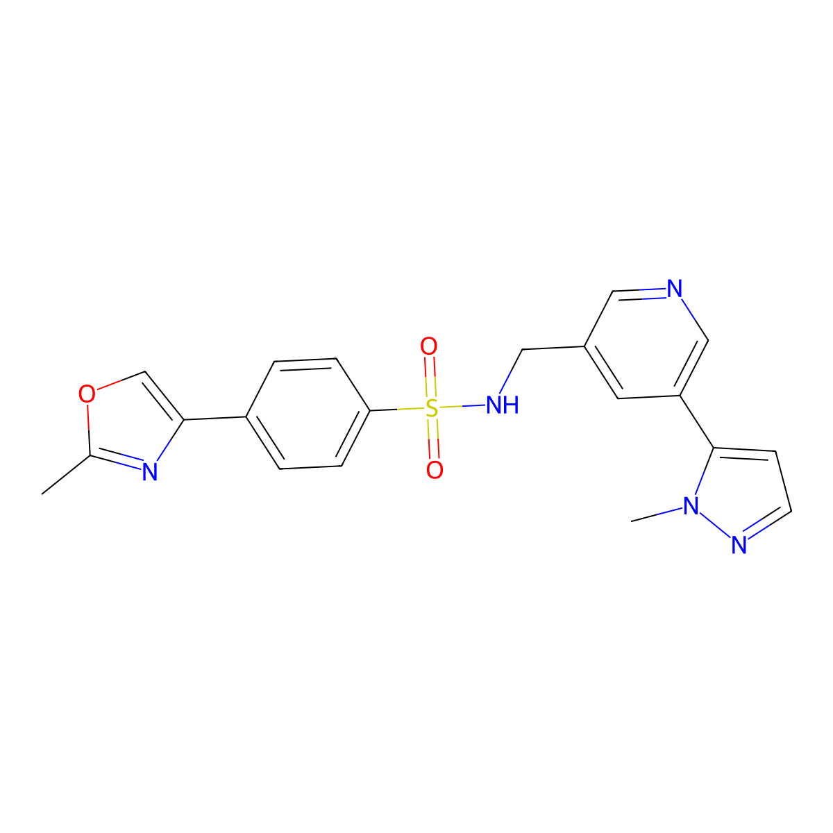 N-((5-(1-methyl-1H-pyrazol-5-yl)pyridin-3-yl)methyl)-4-(2-methyloxazol-4-yl)benzenesulfonamide molecular structure, CAS 2034337-01-2