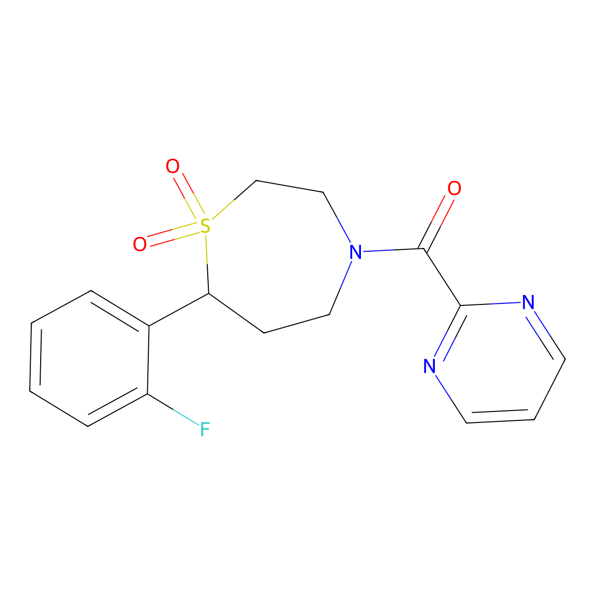 (7-(2-Fluorophenyl)-1,1-dioxido-1,4-thiazepan-4-yl)(pyrimidin-2-yl)methanone molecular structure, CAS 2034337-04-5