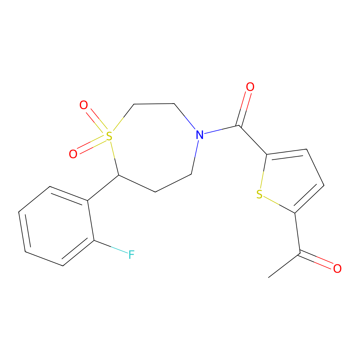 1-(5-(7-(2-Fluorophenyl)-1,1-dioxido-1,4-thiazepane-4-carbonyl)thiophen-2-yl)ethanone molecular structure, CAS 2034337-12-5