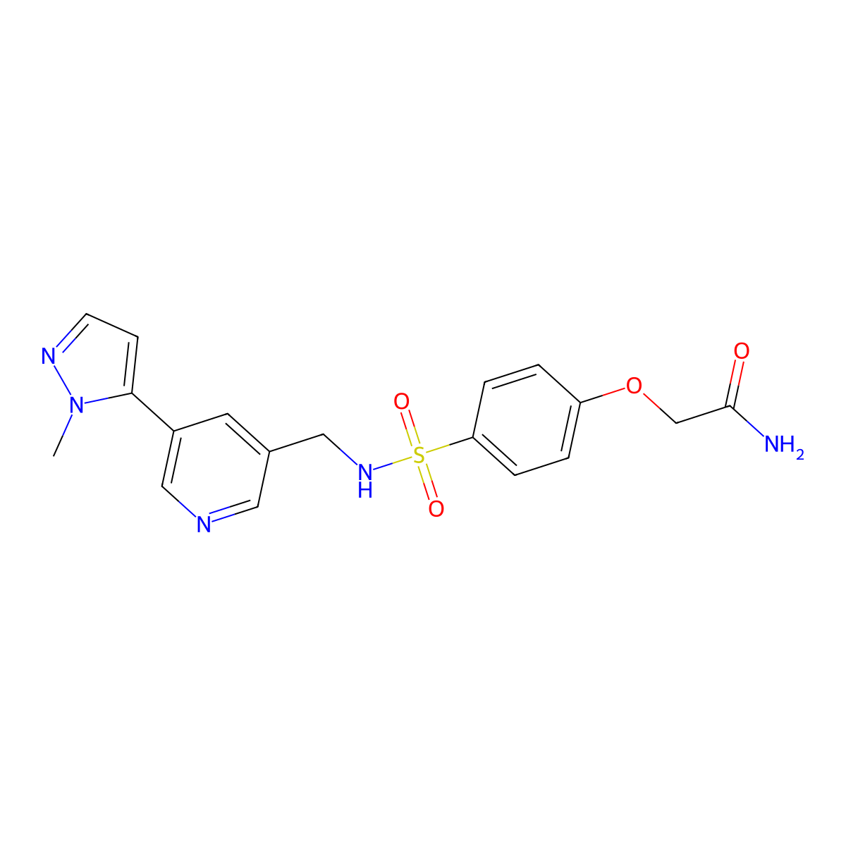 2-(4-(N-((5-(1-methyl-1H-pyrazol-5-yl)pyridin-3-yl)methyl)sulfamoyl)phenoxy)acetamide molecular structure, CAS 2034337-19-2