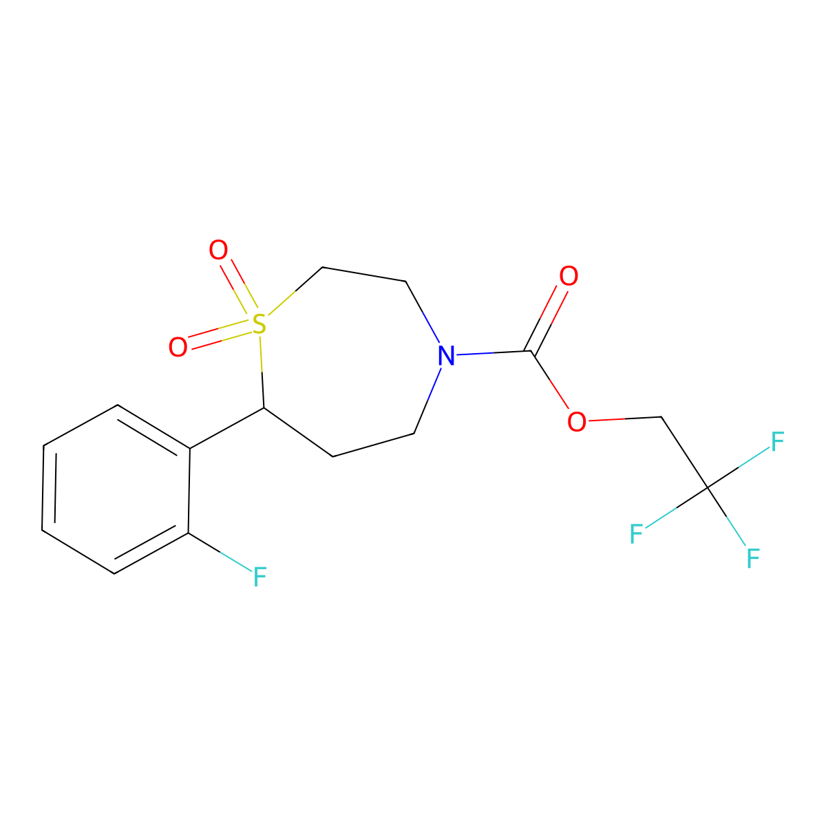 2,2,2-Trifluoroethyl 7-(2-fluorophenyl)-1,1-dioxo-1lambda6,4-thiazepane-4-carboxylate molecular structure, CAS 2034337-21-6