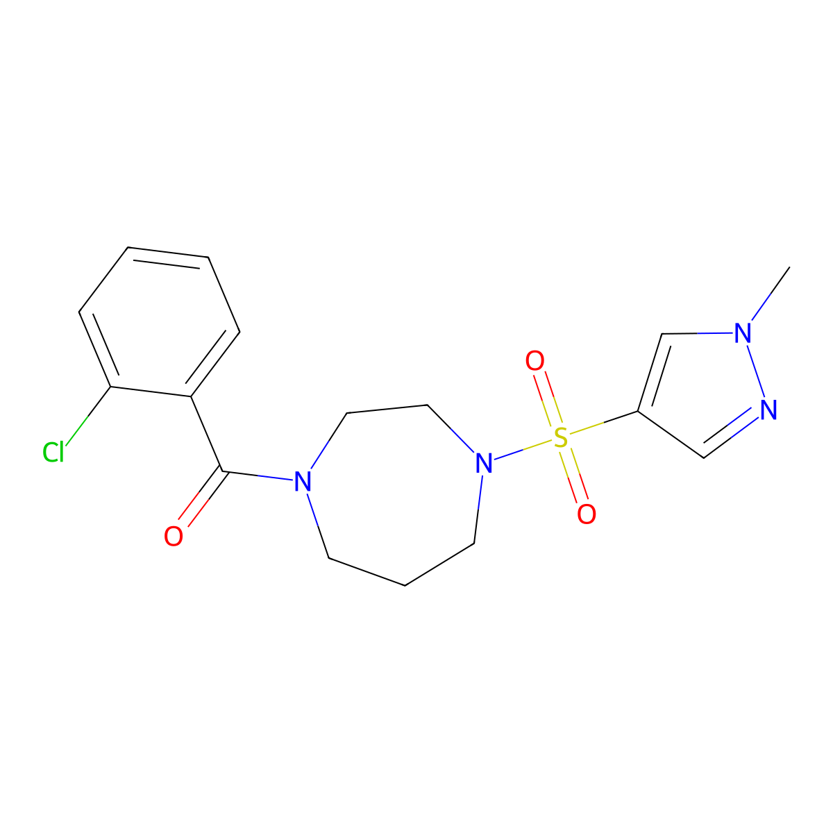 (2-chlorophenyl)(4-((1-methyl-1H-pyrazol-4-yl)sulfonyl)-1,4-diazepan-1-yl)methanone molecular structure, CAS 2034337-31-8