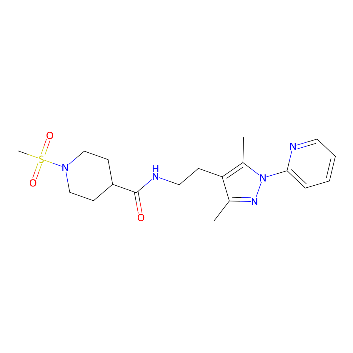 N-(2-(3,5-dimethyl-1-(pyridin-2-yl)-1H-pyrazol-4-yl)ethyl)-1-(methylsulfonyl)piperidine-4-carboxamide molecular structure, CAS 2034337-33-0