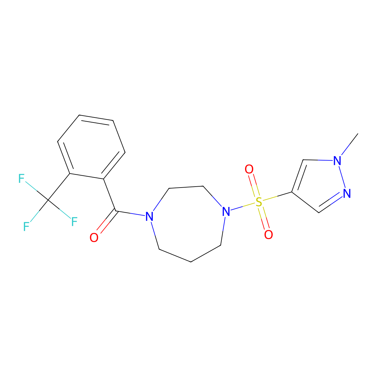 (4-((1-methyl-1H-pyrazol-4-yl)sulfonyl)-1,4-diazepan-1-yl)(2-(trifluoromethyl)phenyl)methanone molecular structure, CAS 2034337-37-4