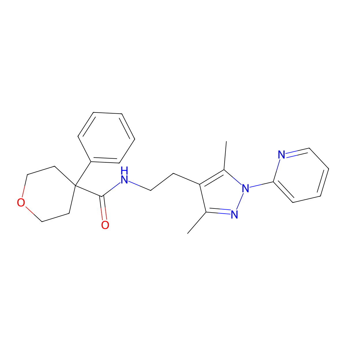 N-(2-(3,5-dimethyl-1-(pyridin-2-yl)-1H-pyrazol-4-yl)ethyl)-4-phenyltetrahydro-2H-pyran-4-carboxamide molecular structure, CAS 2034337-49-8
