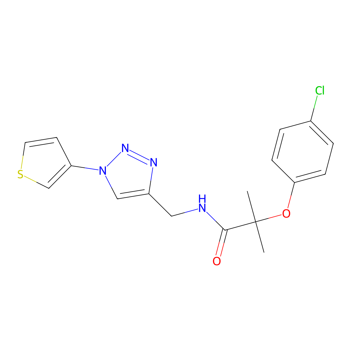 2-(4-chlorophenoxy)-2-methyl-N-((1-(thiophen-3-yl)-1H-1,2,3-triazol-4-yl)methyl)propanamide molecular structure, CAS 2034337-57-8