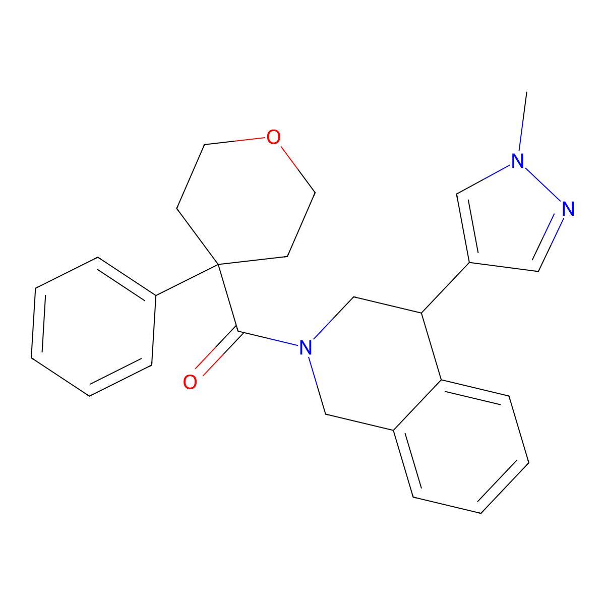 (4-(1-methyl-1H-pyrazol-4-yl)-3,4-dihydroisoquinolin-2(1H)-yl)(4-phenyltetrahydro-2H-pyran-4-yl)methanone molecular structure, CAS 2034337-62-5