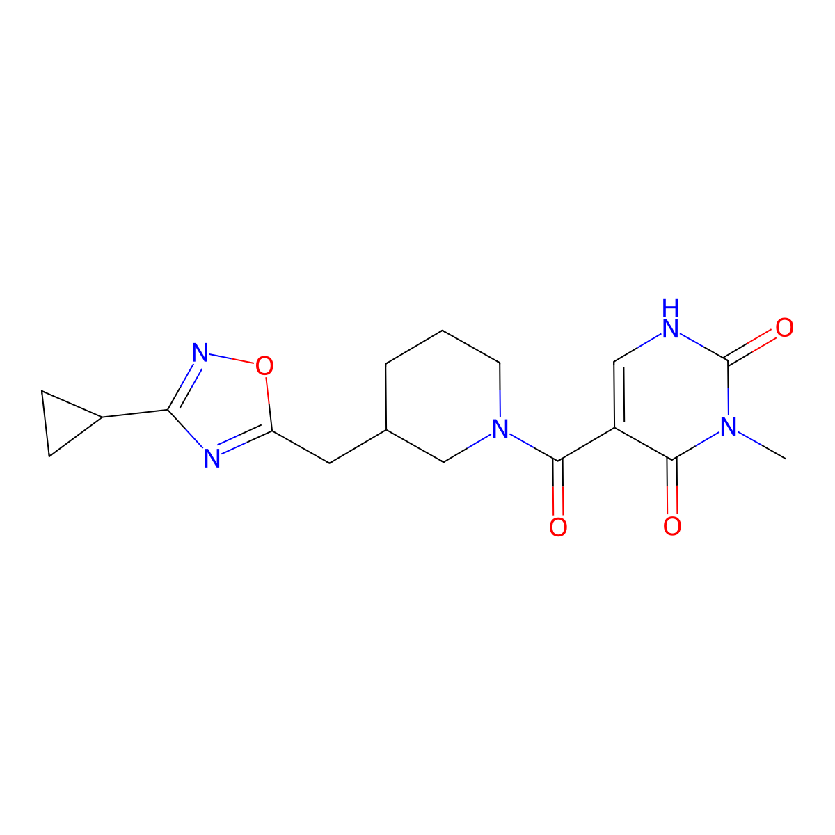 5-{3-[(3-Cyclopropyl-1,2,4-oxadiazol-5-yl)methyl]piperidine-1-carbonyl}-3-methyl-1,2,3,4-tetrahydropyrimidine-2,4-dione molecular structure, CAS 2034337-73-8
