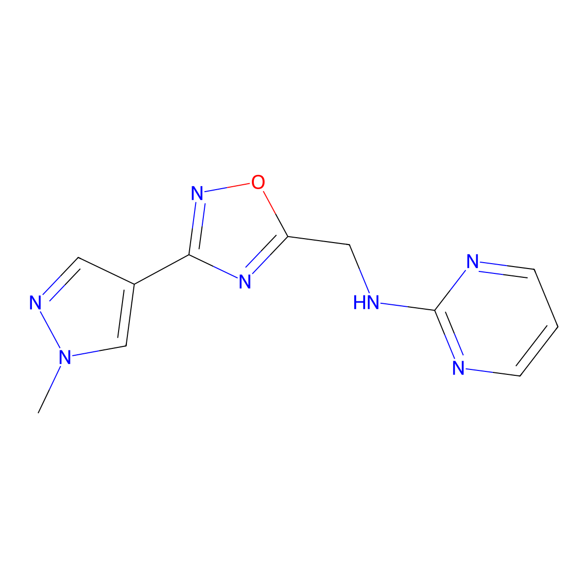 N-((3-(1-methyl-1H-pyrazol-4-yl)-1,2,4-oxadiazol-5-yl)methyl)pyrimidin-2-amine molecular structure, CAS 2034337-80-7