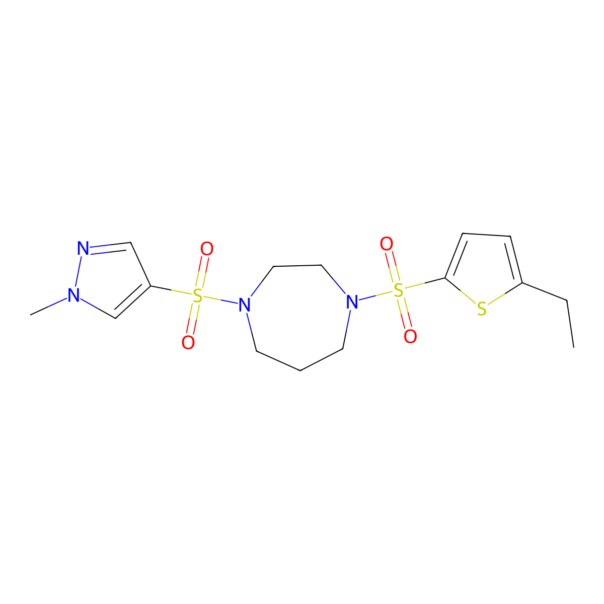 1-((5-ethylthiophen-2-yl)sulfonyl)-4-((1-methyl-1H-pyrazol-4-yl)sulfonyl)-1,4-diazepane molecular structure, CAS 2034337-82-9