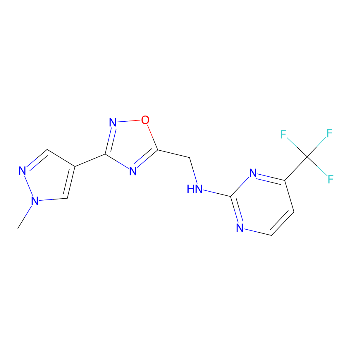 N-((3-(1-methyl-1H-pyrazol-4-yl)-1,2,4-oxadiazol-5-yl)methyl)-4-(trifluoromethyl)pyrimidin-2-amine molecular structure, CAS 2034337-84-1