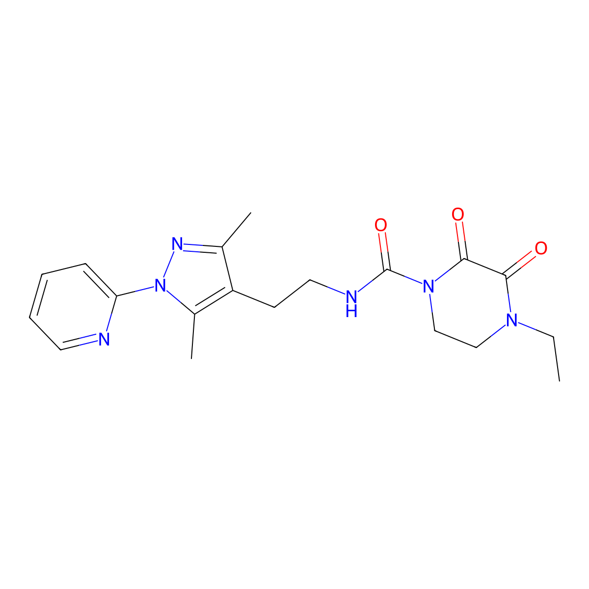 N-{2-[3,5-dimethyl-1-(pyridin-2-yl)-1H-pyrazol-4-yl]ethyl}-4-ethyl-2,3-dioxopiperazine-1-carboxamide molecular structure, CAS 2034337-85-2
