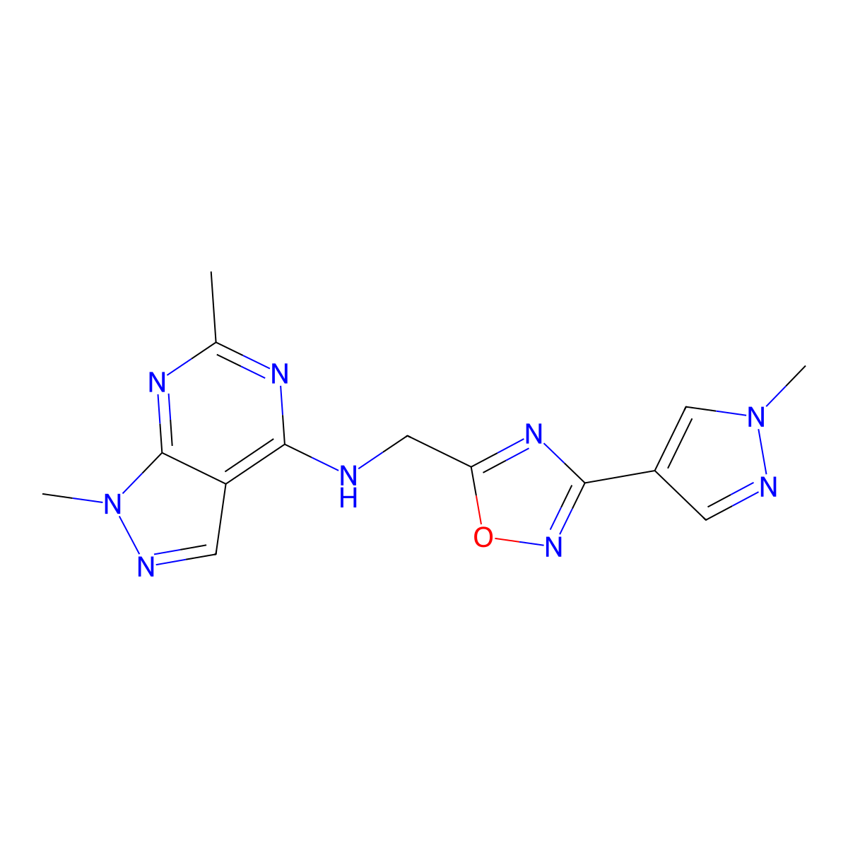 1,6-dimethyl-N-{[3-(1-methyl-1H-pyrazol-4-yl)-1,2,4-oxadiazol-5-yl]methyl}-1H-pyrazolo[3,4-d]pyrimidin-4-amine molecular structure, CAS 2034337-88-5