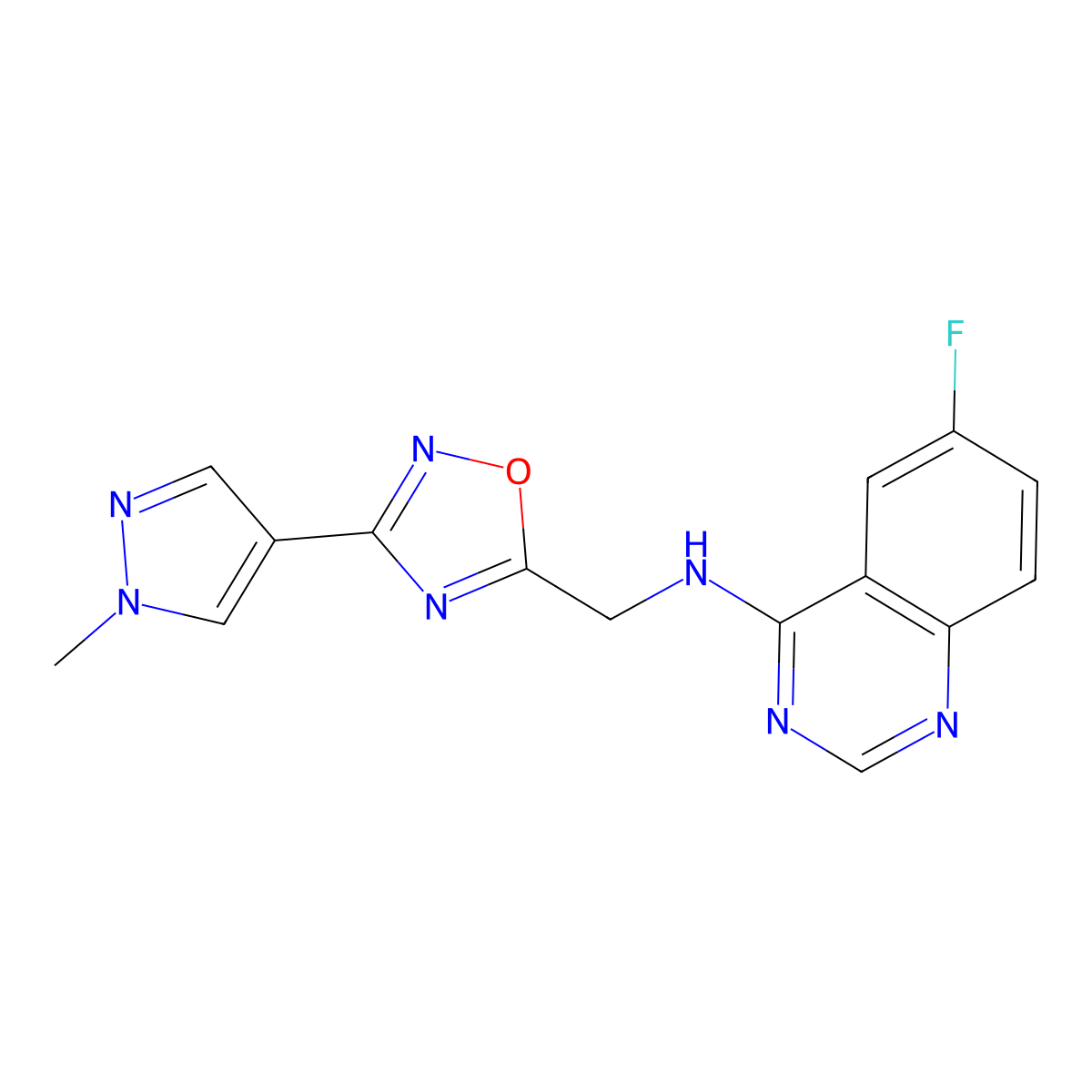 6-fluoro-N-((3-(1-methyl-1H-pyrazol-4-yl)-1,2,4-oxadiazol-5-yl)methyl)quinazolin-4-amine molecular structure, CAS 2034337-93-2