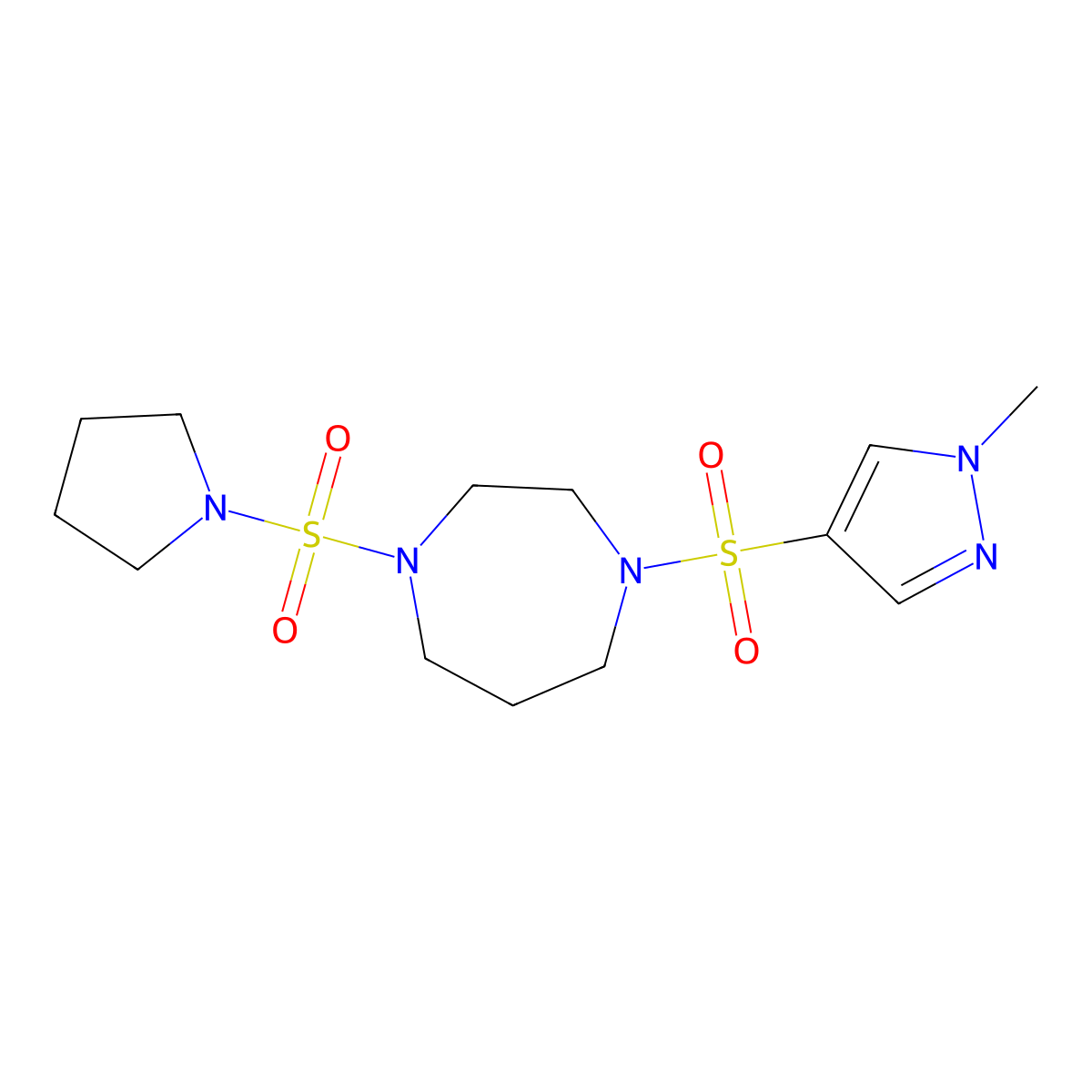 1-((1-methyl-1H-pyrazol-4-yl)sulfonyl)-4-(pyrrolidin-1-ylsulfonyl)-1,4-diazepane molecular structure, CAS 2034338-00-4