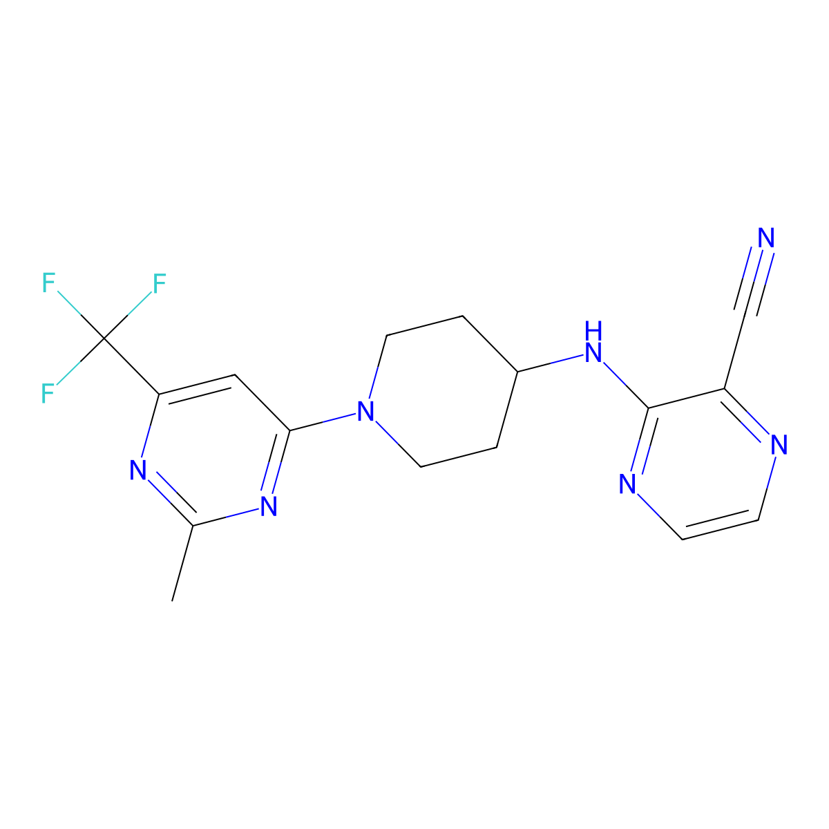 3-((1-(2-Methyl-6-(trifluoromethyl)pyrimidin-4-yl)piperidin-4-yl)amino)pyrazine-2-carbonitrile molecular structure, CAS 2034338-01-5
