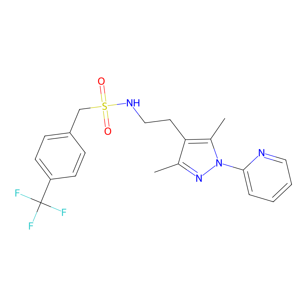 N-(2-(3,5-dimethyl-1-(pyridin-2-yl)-1H-pyrazol-4-yl)ethyl)-1-(4-(trifluoromethyl)phenyl)methanesulfonamide molecular structure, CAS 2034338-03-7