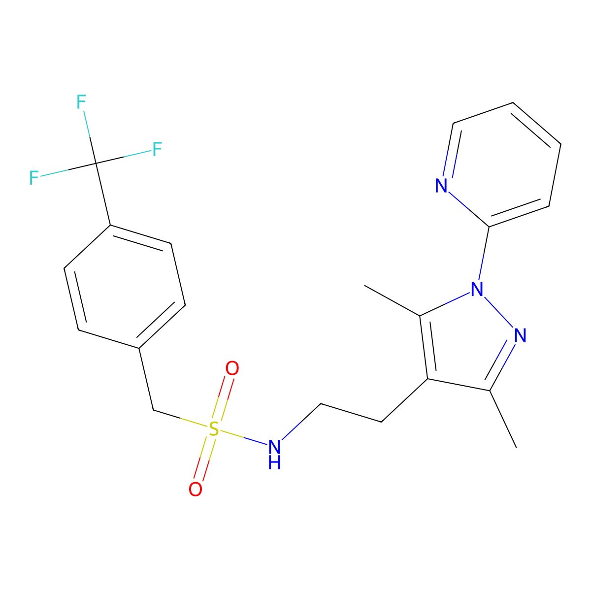 N-(2-(3,5-dimethyl-1-(pyridin-2-yl)-1H-pyrazol-4-yl)ethyl)-1-(4-(trifluoromethyl)phenyl)methanesulfonamide molecular structure, CAS 2034338-03-7