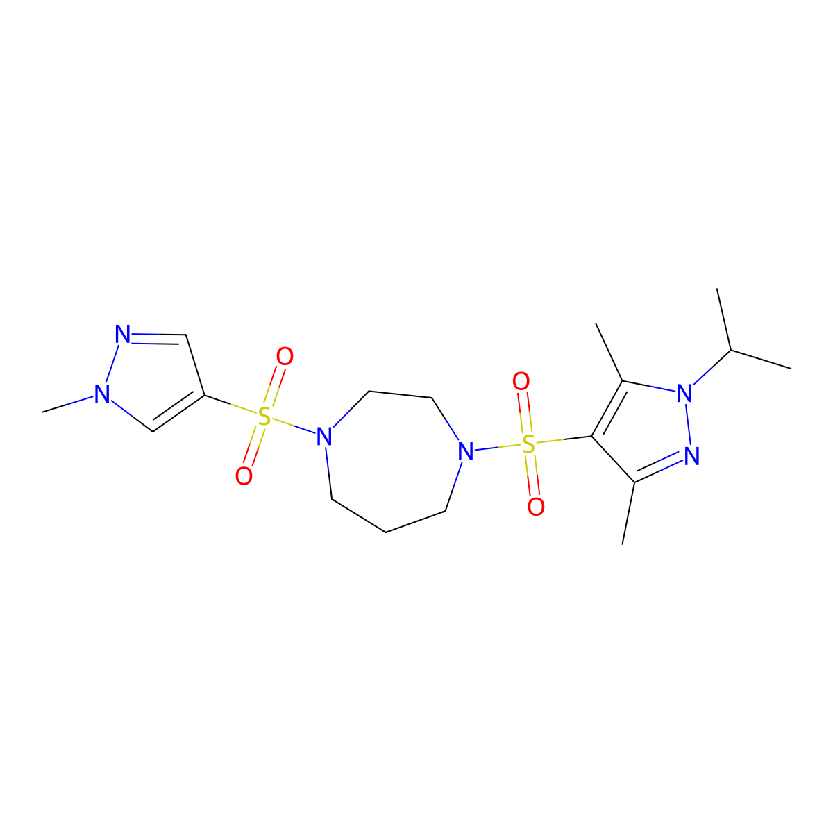 1-((1-isopropyl-3,5-dimethyl-1H-pyrazol-4-yl)sulfonyl)-4-((1-methyl-1H-pyrazol-4-yl)sulfonyl)-1,4-diazepane molecular structure, CAS 2034338-06-0