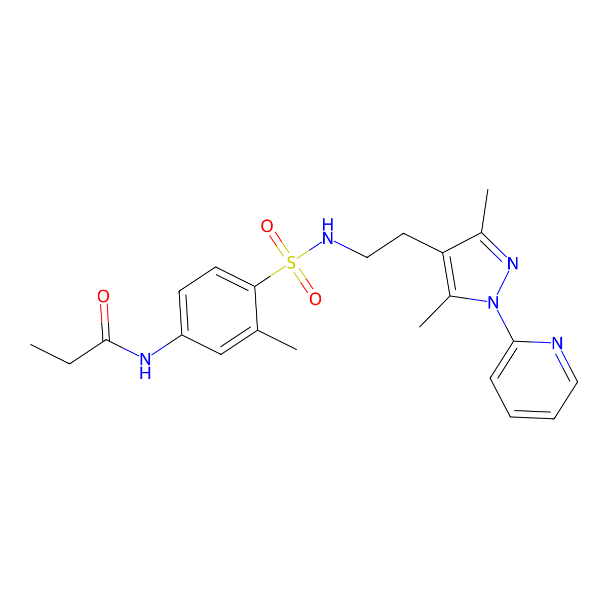 N-(4-(N-(2-(3,5-dimethyl-1-(pyridin-2-yl)-1H-pyrazol-4-yl)ethyl)sulfamoyl)-3-methylphenyl)propionamide molecular structure, CAS 2034338-07-1