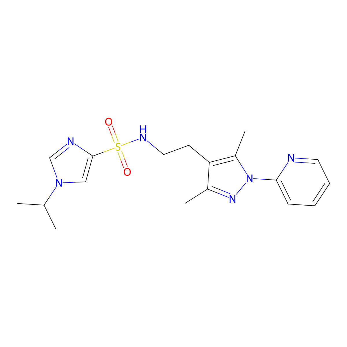 N-(2-(3,5-dimethyl-1-(pyridin-2-yl)-1H-pyrazol-4-yl)ethyl)-1-isopropyl-1H-imidazole-4-sulfonamide molecular structure, CAS 2034338-11-7