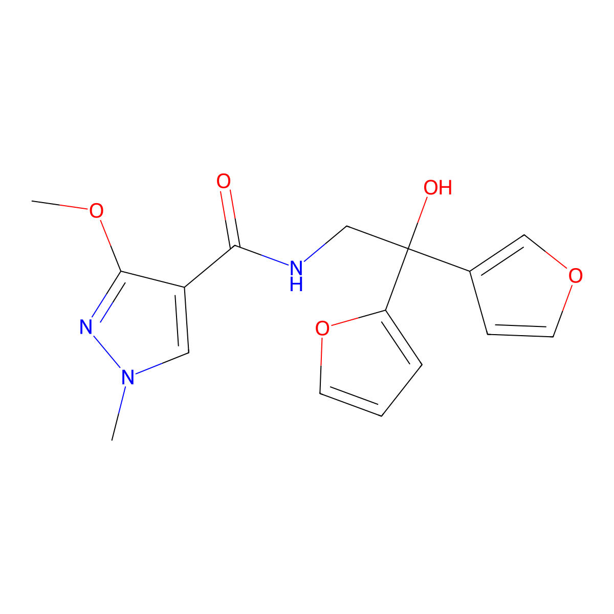 N-(2-(furan-2-yl)-2-(furan-3-yl)-2-hydroxyethyl)-3-methoxy-1-methyl-1H-pyrazole-4-carboxamide molecular structure, CAS 2034338-22-0