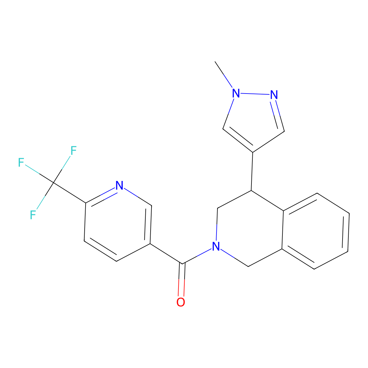 (4-(1-methyl-1H-pyrazol-4-yl)-3,4-dihydroisoquinolin-2(1H)-yl)(6-(trifluoromethyl)pyridin-3-yl)methanone molecular structure, CAS 2034338-24-2