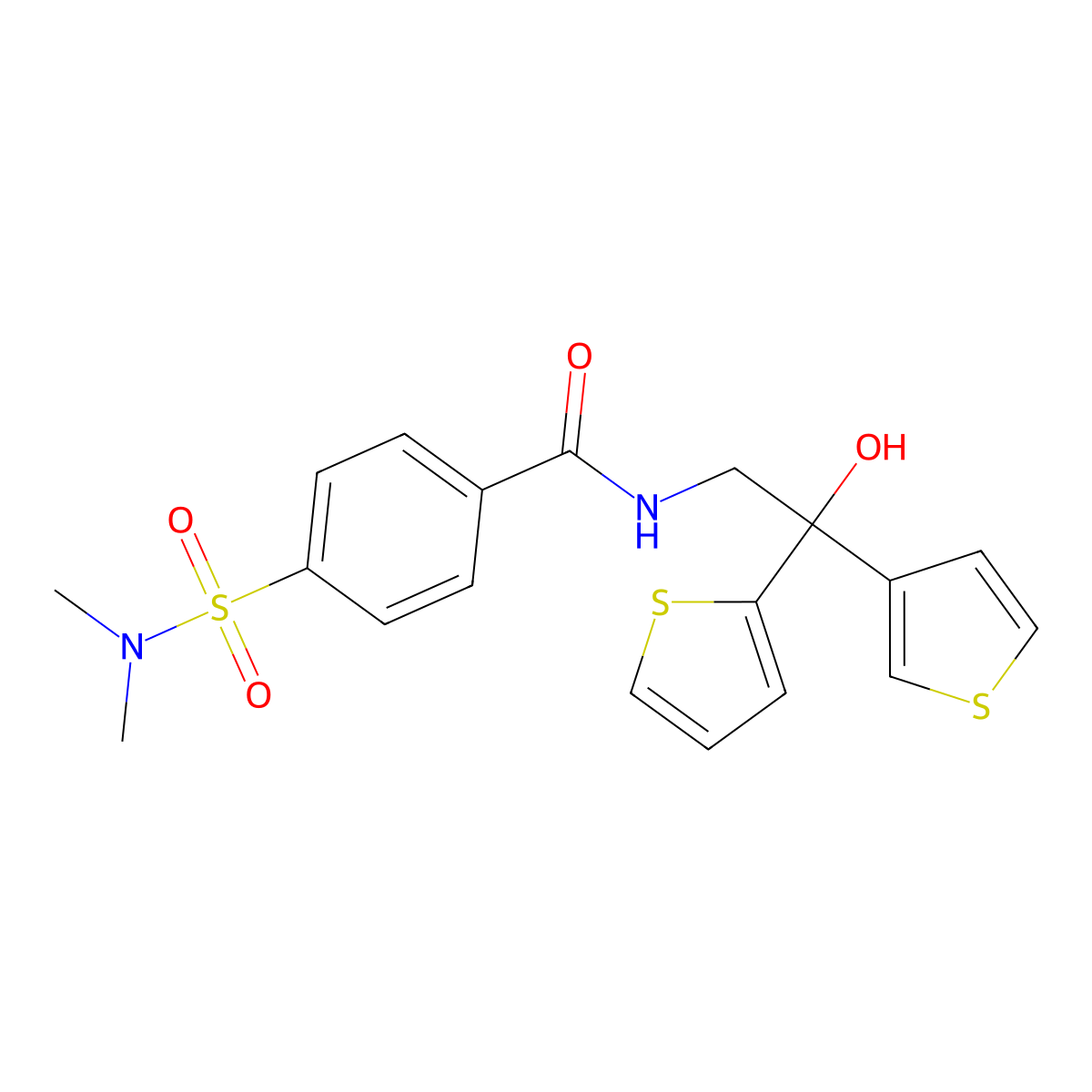 4-(N,N-dimethylsulfamoyl)-N-(2-hydroxy-2-(thiophen-2-yl)-2-(thiophen-3-yl)ethyl)benzamide molecular structure, CAS 2034338-42-4
