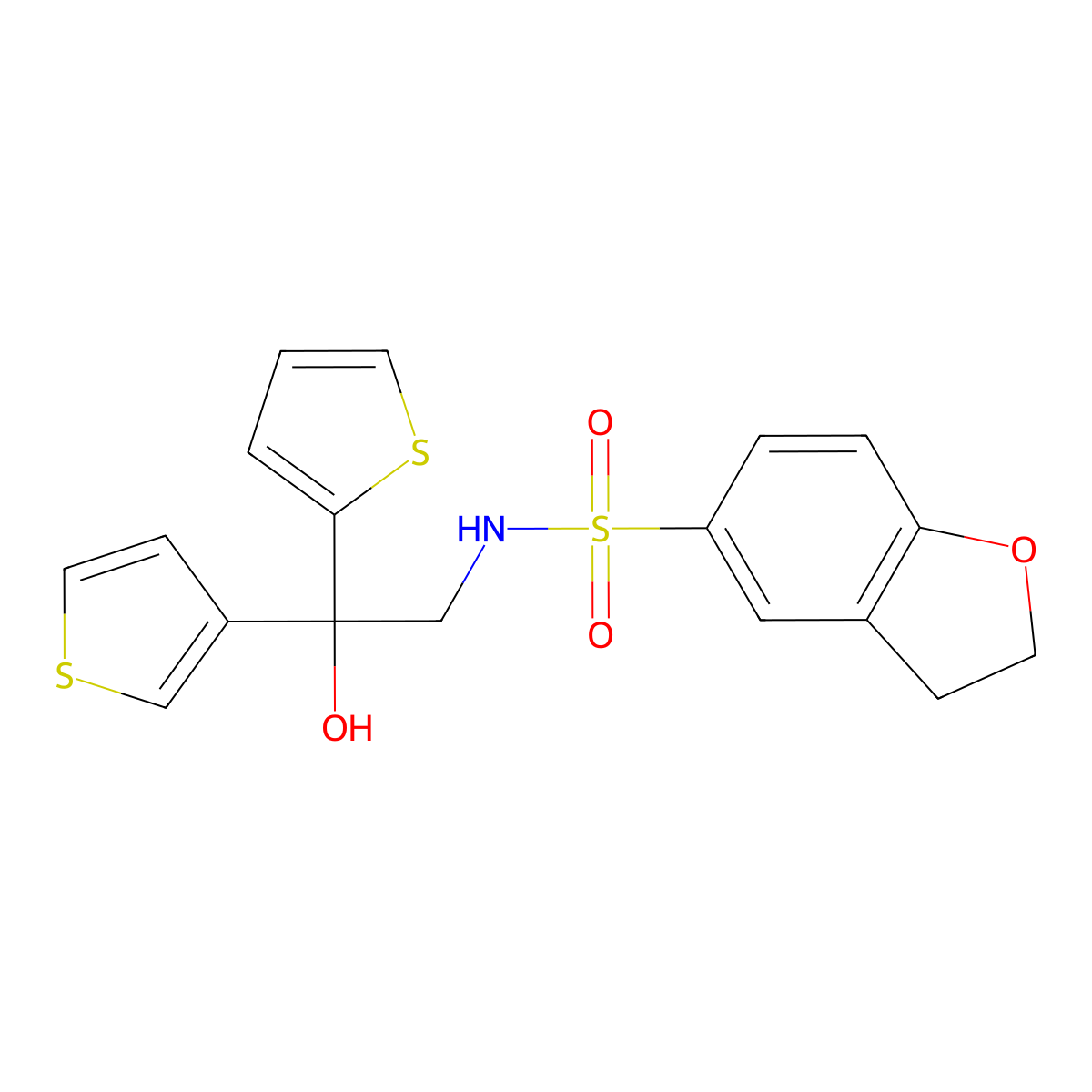 N-(2-hydroxy-2-(thiophen-2-yl)-2-(thiophen-3-yl)ethyl)-2,3-dihydrobenzofuran-5-sulfonamide molecular structure, CAS 2034338-46-8