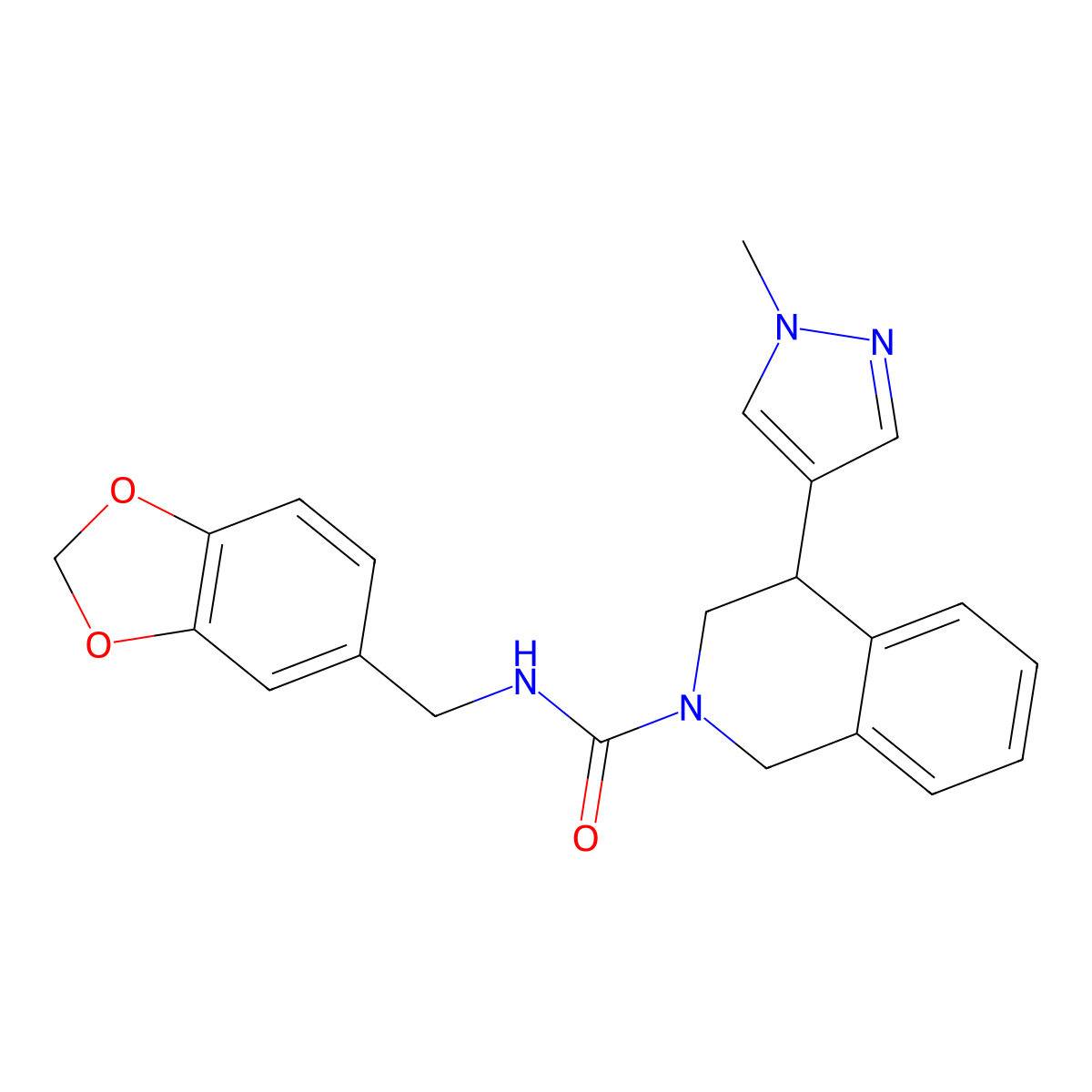 N-(benzo[d][1,3]dioxol-5-ylmethyl)-4-(1-methyl-1H-pyrazol-4-yl)-3,4-dihydroisoquinoline-2(1H)-carboxamide molecular structure, CAS 2034338-58-2