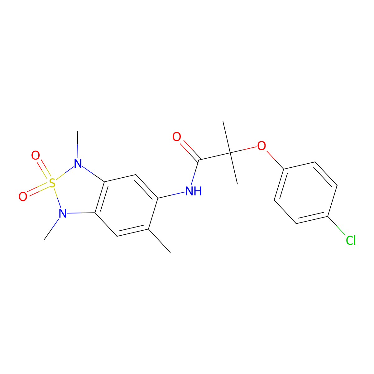 2-(4-chlorophenoxy)-2-methyl-N-(1,3,6-trimethyl-2,2-dioxido-1,3-dihydrobenzo[c][1,2,5]thiadiazol-5-yl)propanamide molecular structure, CAS 2034338-62-8