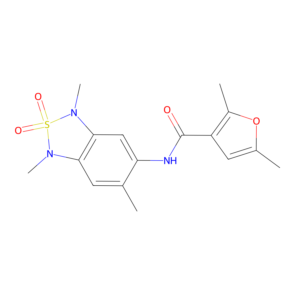 2,5-dimethyl-N-(1,3,6-trimethyl-2,2-dioxido-1,3-dihydrobenzo[c][1,2,5]thiadiazol-5-yl)furan-3-carboxamide molecular structure, CAS 2034338-72-0