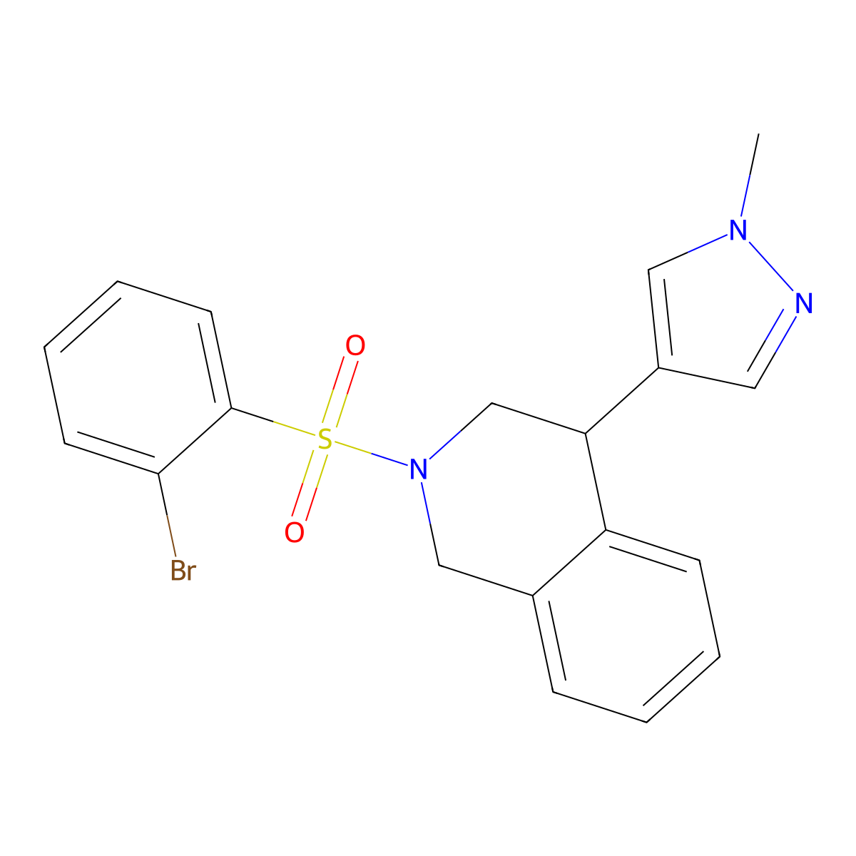 2-((2-bromophenyl)sulfonyl)-4-(1-methyl-1H-pyrazol-4-yl)-1,2,3,4-tetrahydroisoquinoline molecular structure, CAS 2034338-74-2