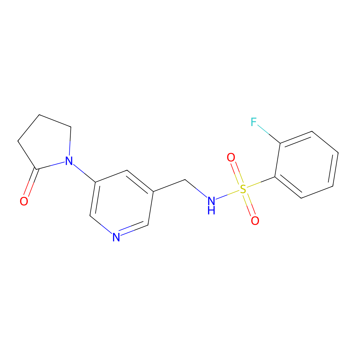 2-fluoro-N-((5-(2-oxopyrrolidin-1-yl)pyridin-3-yl)methyl)benzenesulfonamide molecular structure, CAS 2034338-89-9