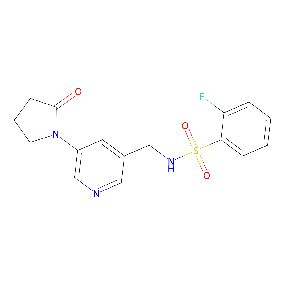 2-fluoro-N-((5-(2-oxopyrrolidin-1-yl)pyridin-3-yl)methyl)benzenesulfonamide molecular structure, CAS 2034338-89-9
