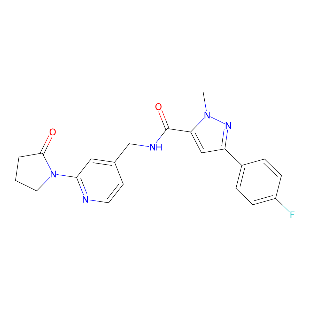 3-(4-fluorophenyl)-1-methyl-N-{[2-(2-oxopyrrolidin-1-yl)pyridin-4-yl]methyl}-1H-pyrazole-5-carboxamide molecular structure, CAS 2034339-22-3