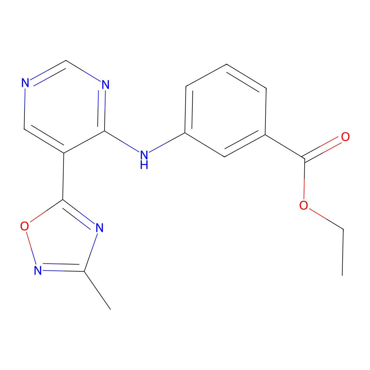 Ethyl 3-((5-(3-methyl-1,2,4-oxadiazol-5-yl)pyrimidin-4-yl)amino)benzoate molecular structure, CAS 2034339-48-3